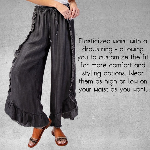EASEL Raw Ruffle Trim Lightweight Pants Elastic & Drawstring Waist & Scooped Hem - Picture 10 of 16